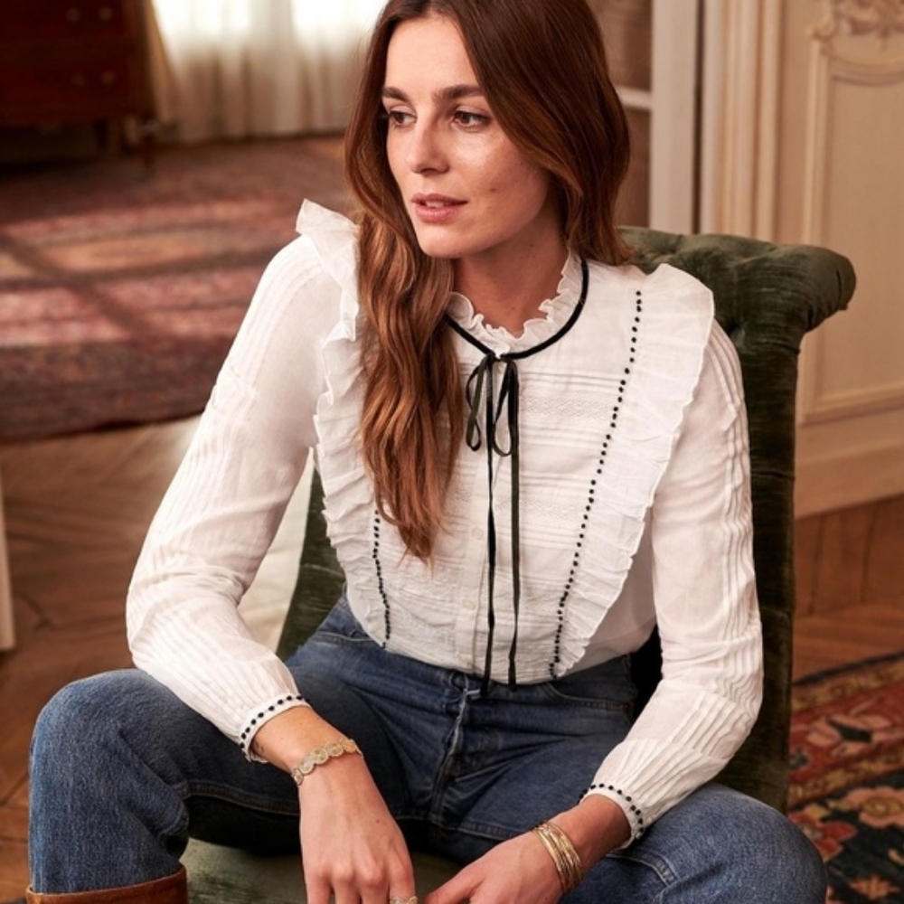 Sezane White and Black Ruffle Blouse